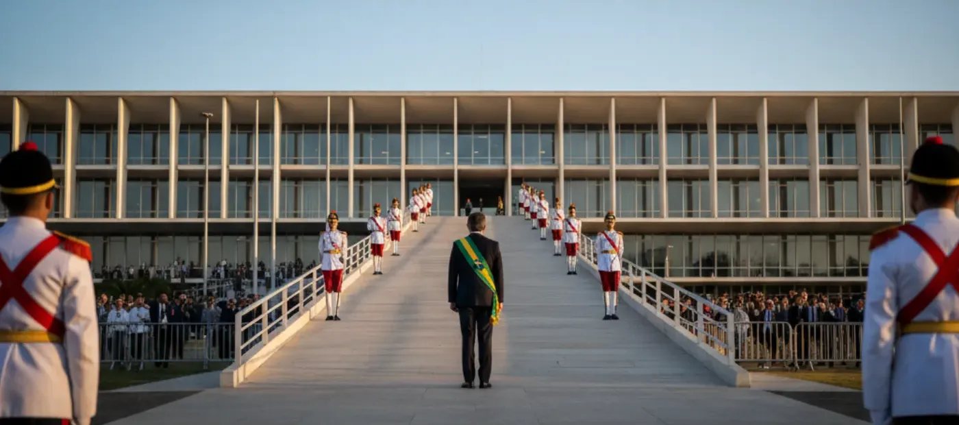 The president walks up the ramp of the Planalto Palace on inauguration day, between ceremonial guards.